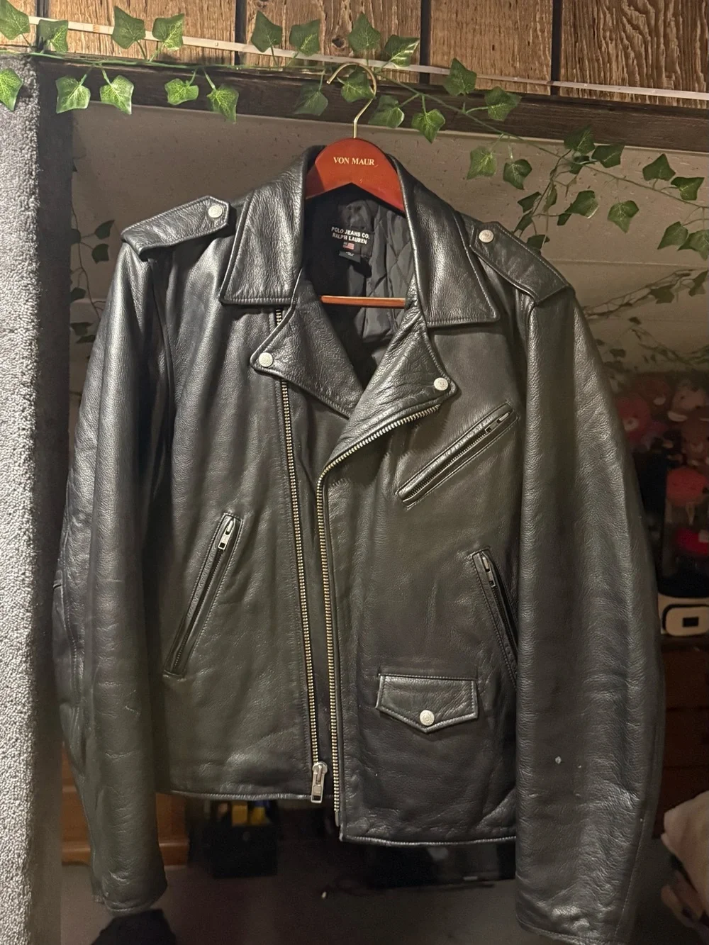 Ralph Lauren Black Leather Biker Jacket with Yellow Back Logo